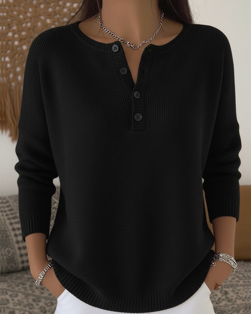 Long-Sleeved Button-Down Solid Color Jumper