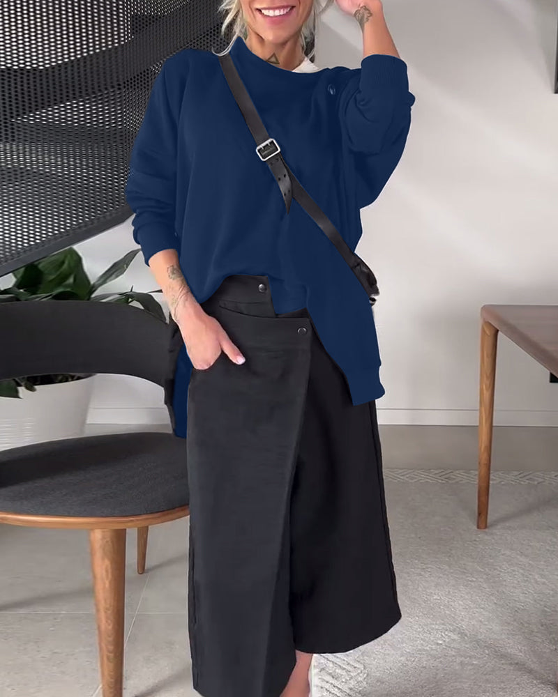 Solid color casual round neck slit sweatshirt