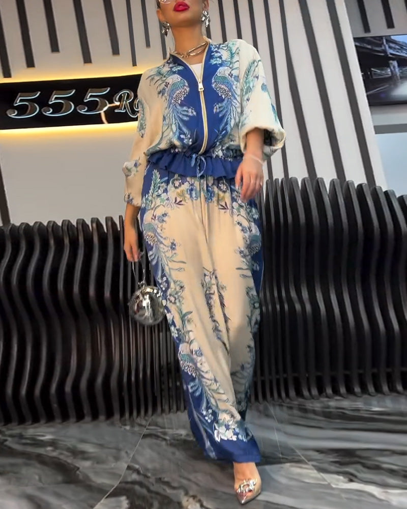 Temperament Stand Collar Zipper Wide Leg Suit