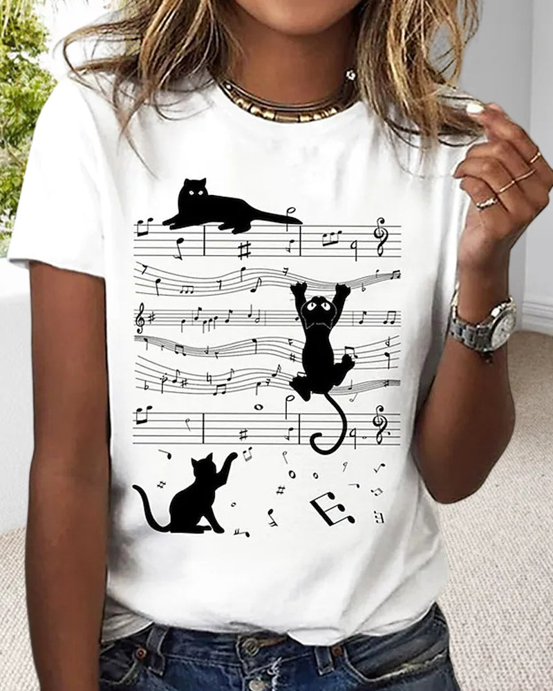 Musical cat print round neck t-shirt