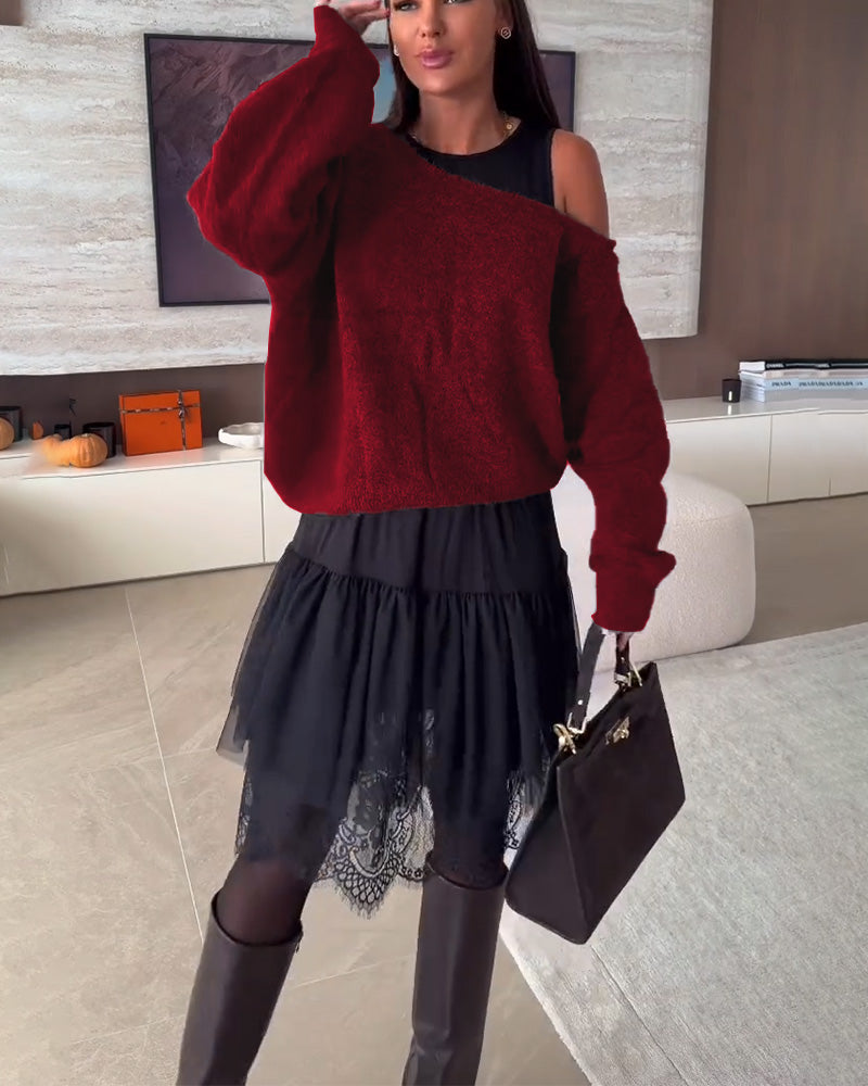 Off-Shoulder Loose Jumper & Lace Hem Dress