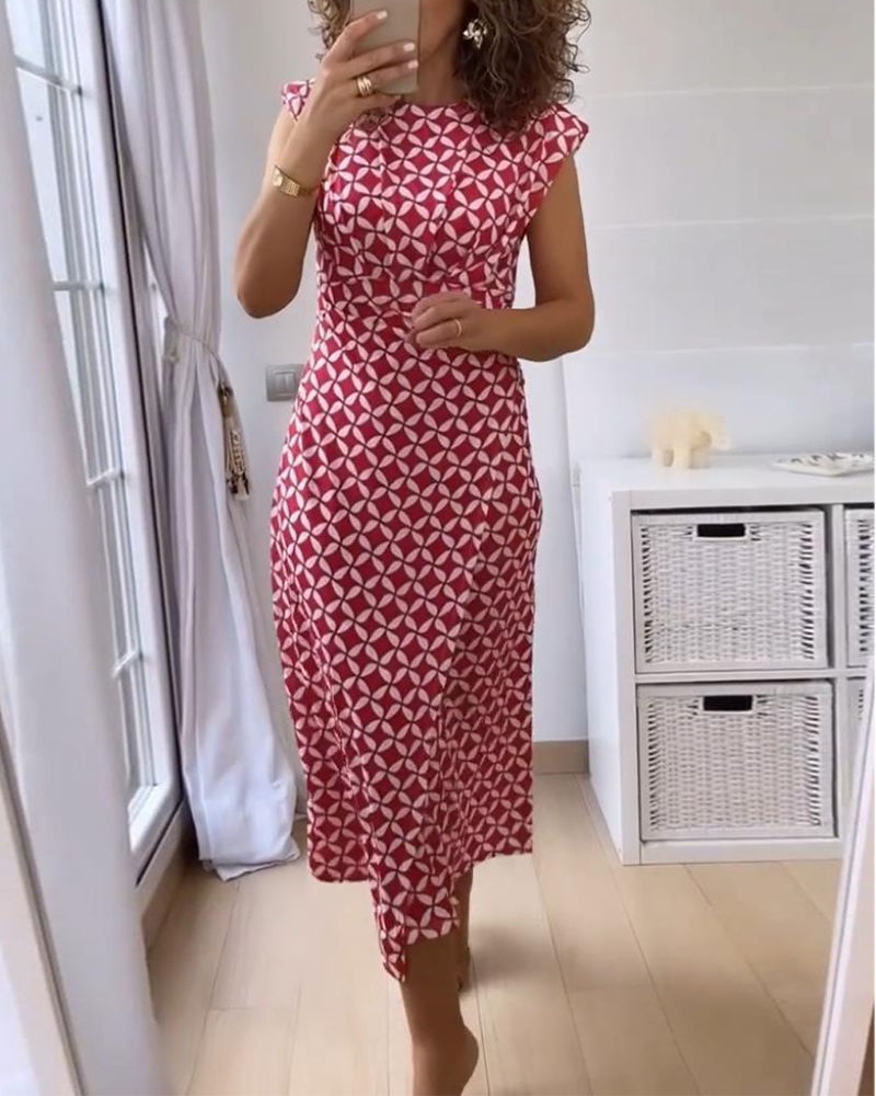 Geometric print round neck sleeveless elegant dress