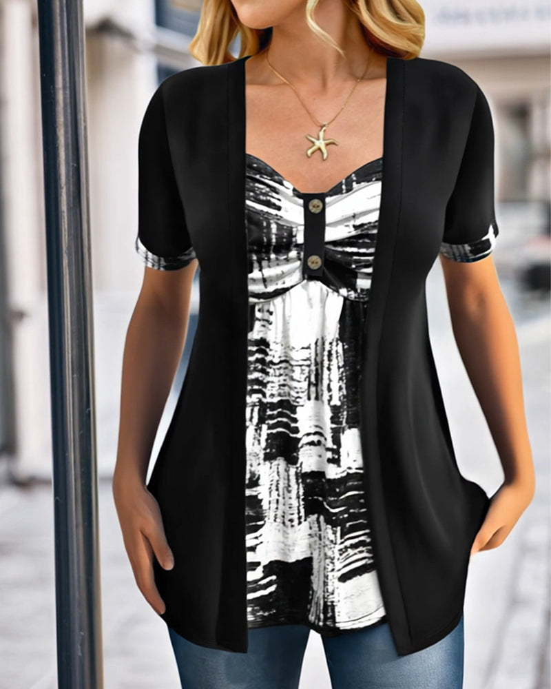 Printed Fake Two Piece Irregular Blouse