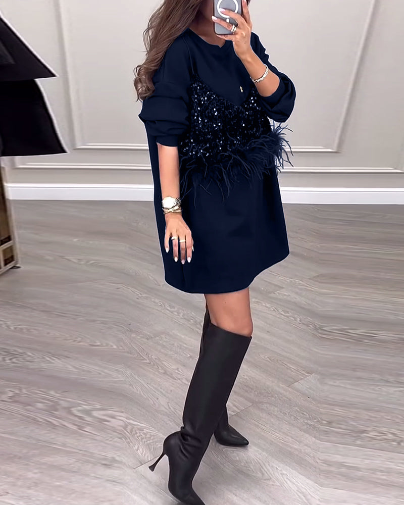 Fashion solid color sequin feather patchwork dress