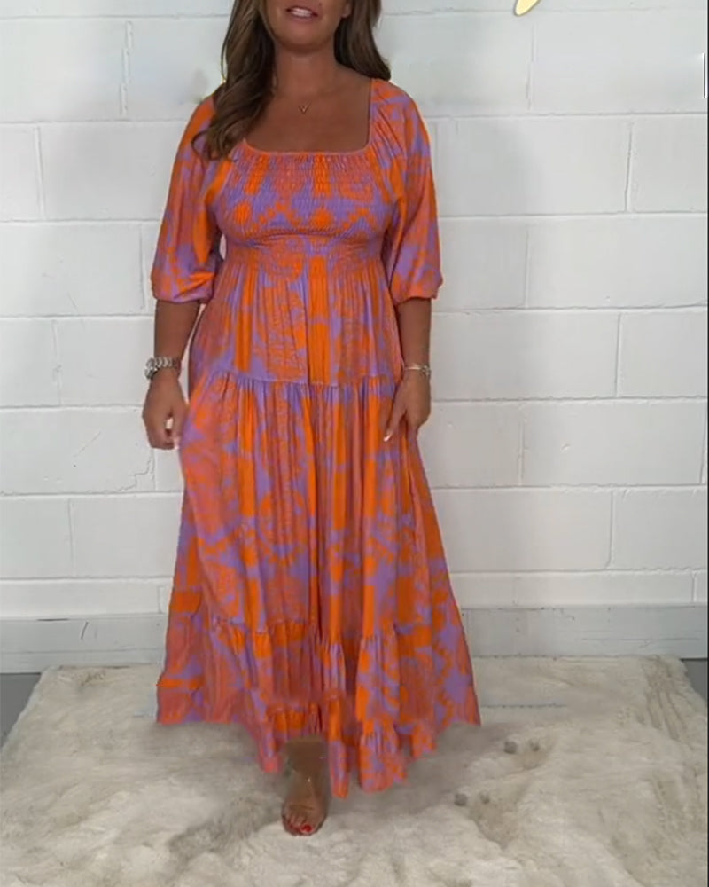 Square neck print half sleeve dress