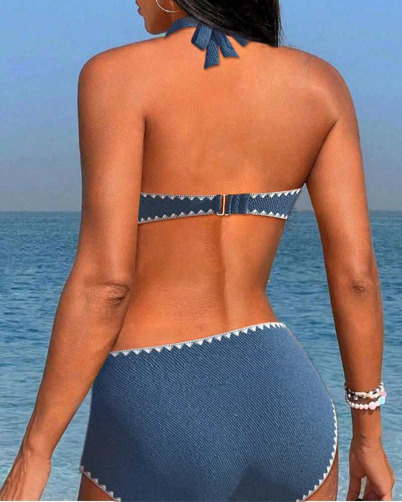 Pleated halterneck simple holiday bikini