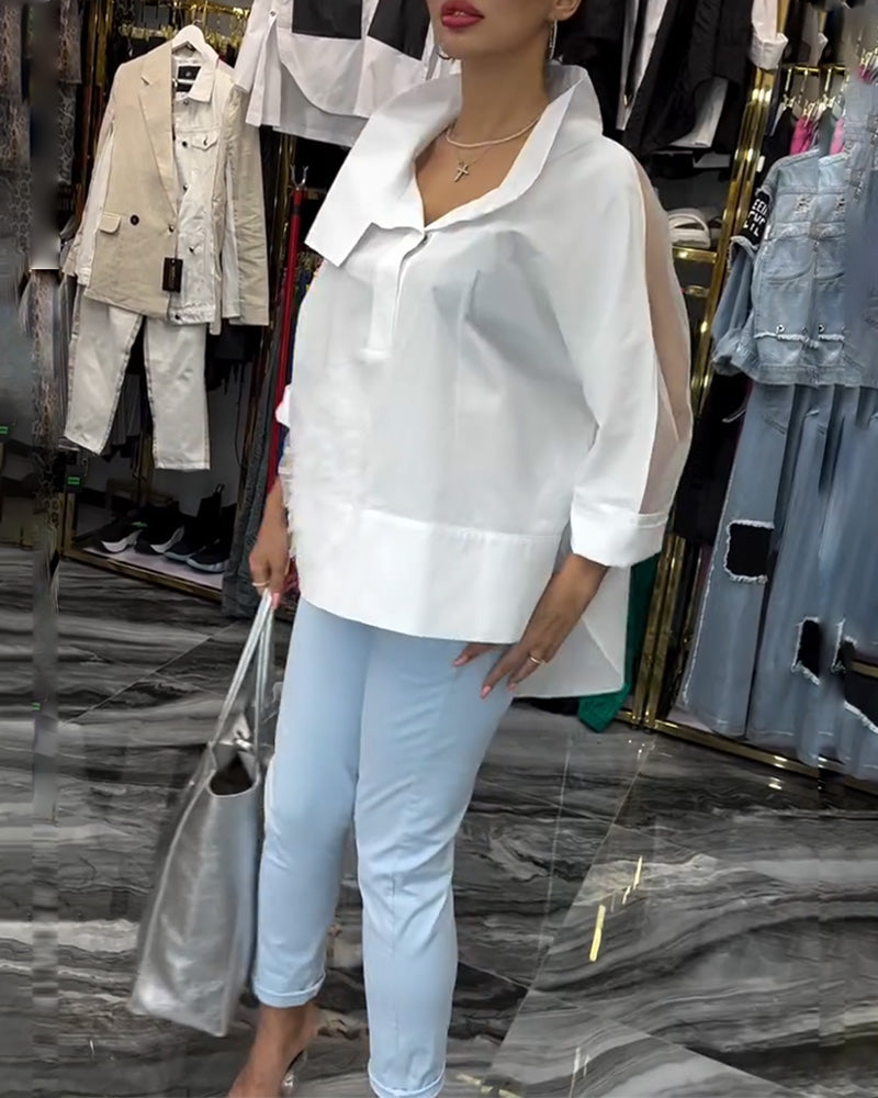 Lapel lace stitching flower blouse