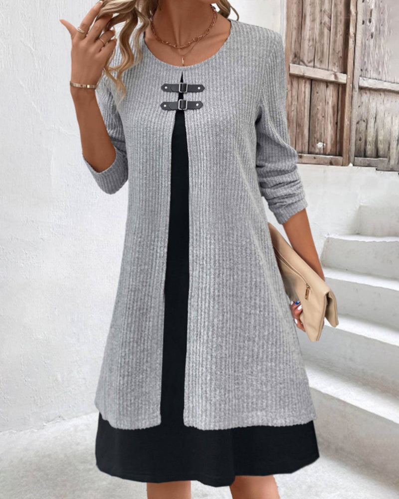 Patchwork rib long sleeve dress