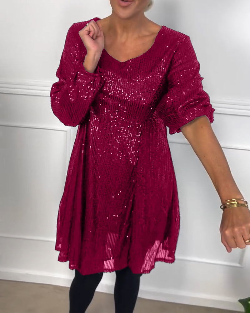 Elegant lantern sleeve sequined a-line dress