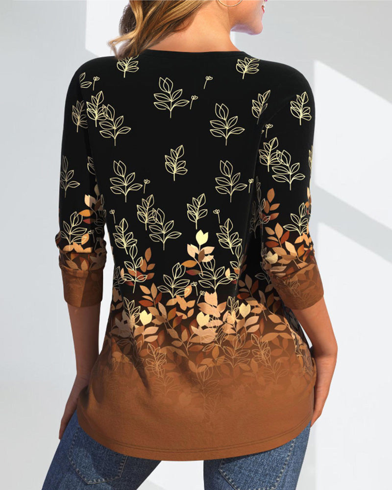 Long Sleeve Leaf Print Tops