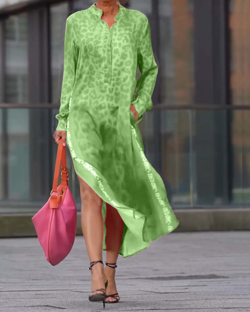 Long-Sleeved Leopard Print Slit Dress