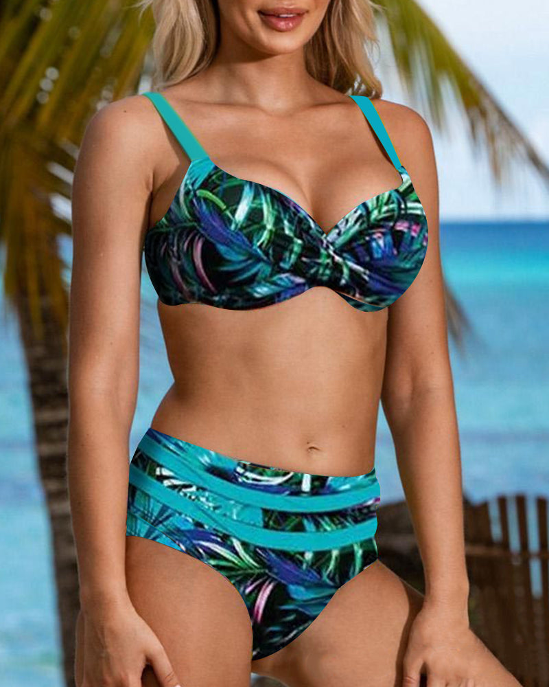 High waist leaves print bikini