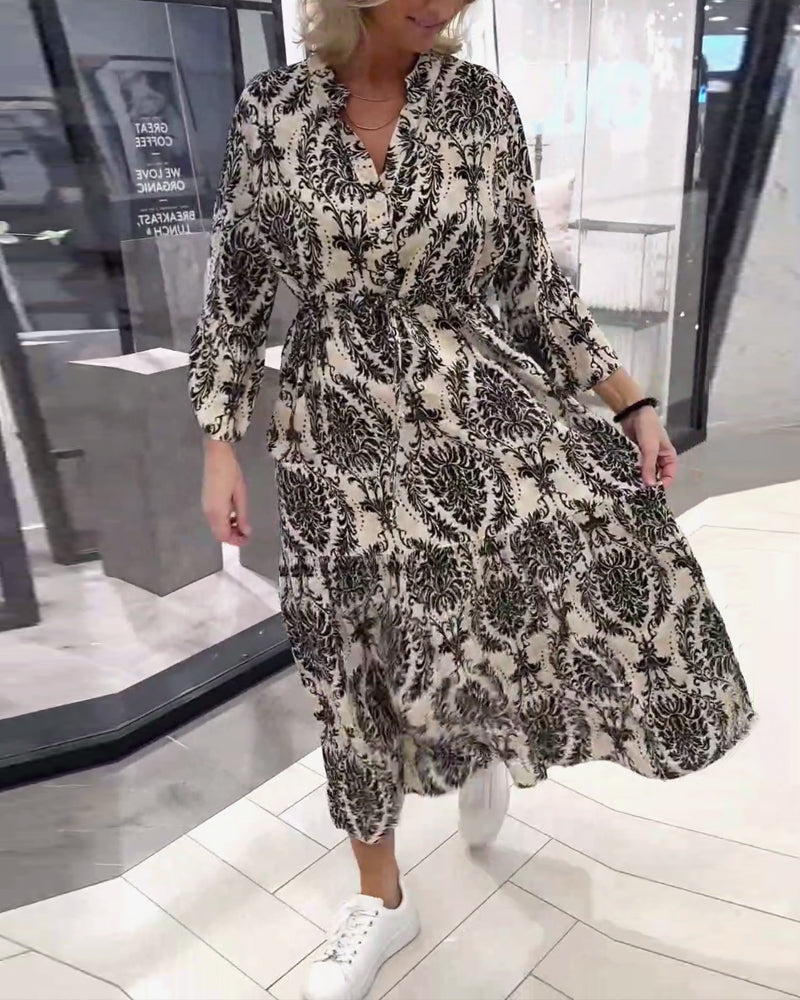 Printed bell sleeve drawstring dress