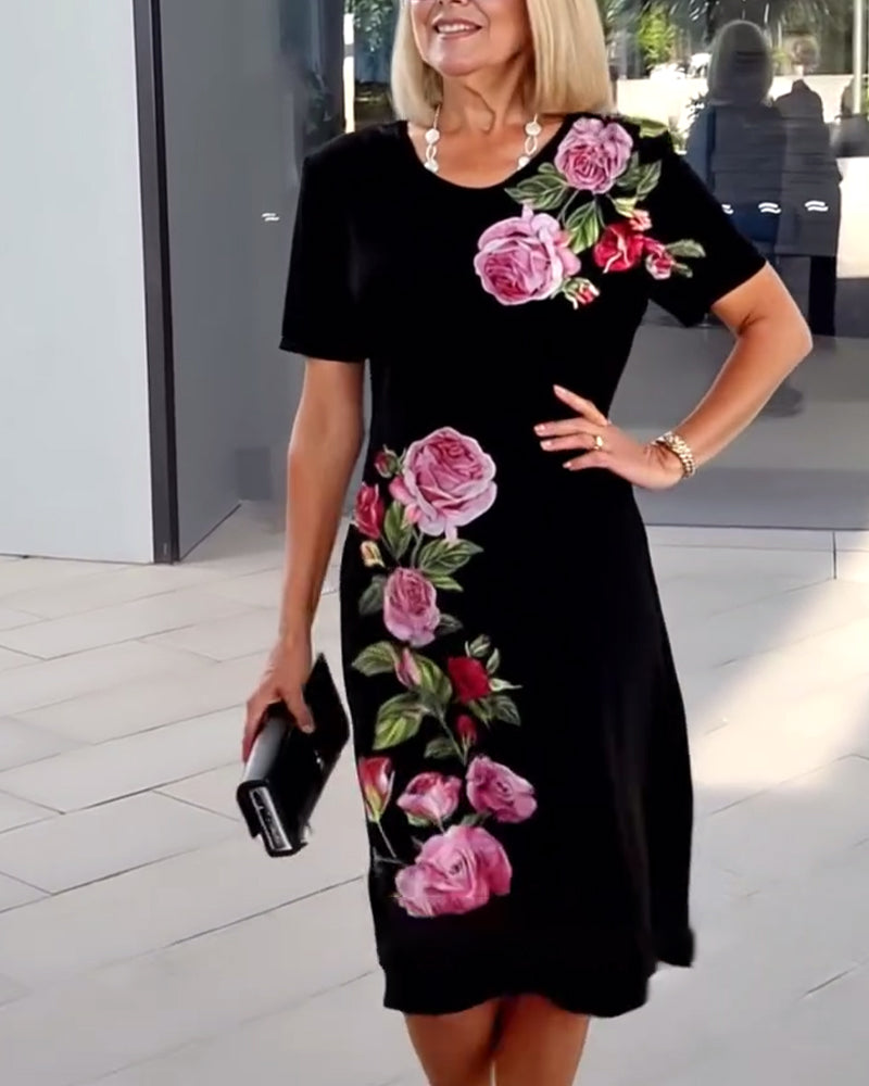 Short Sleeve Rose Print Shift Dress