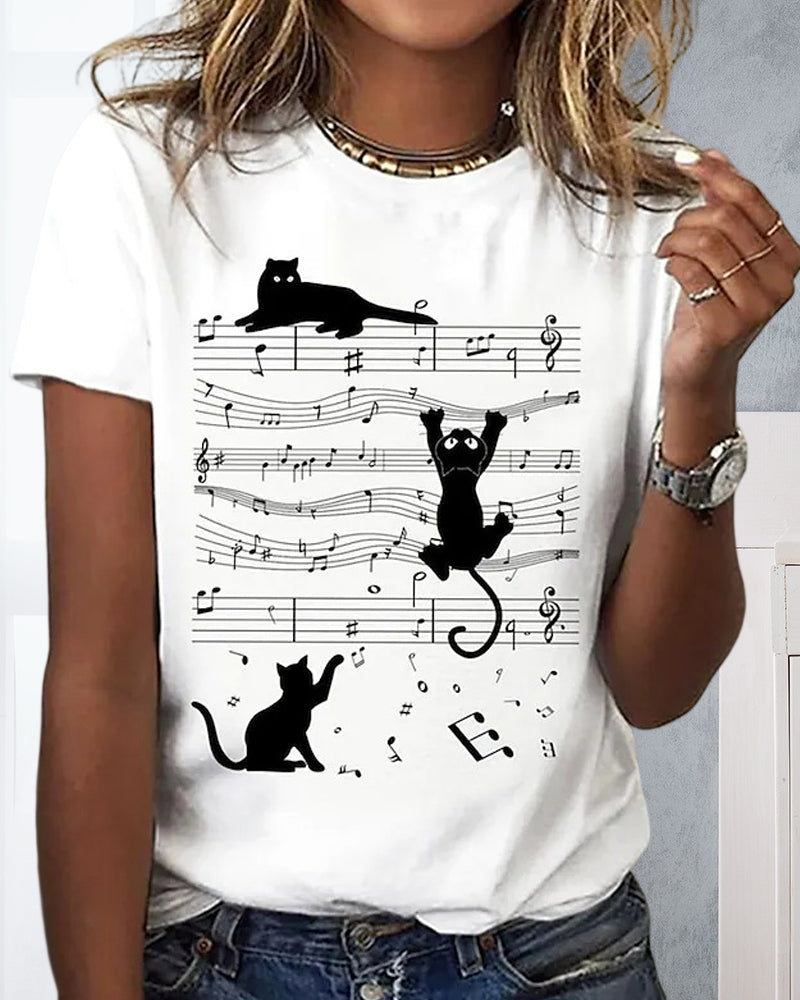 Musical cat print round neck t-shirt