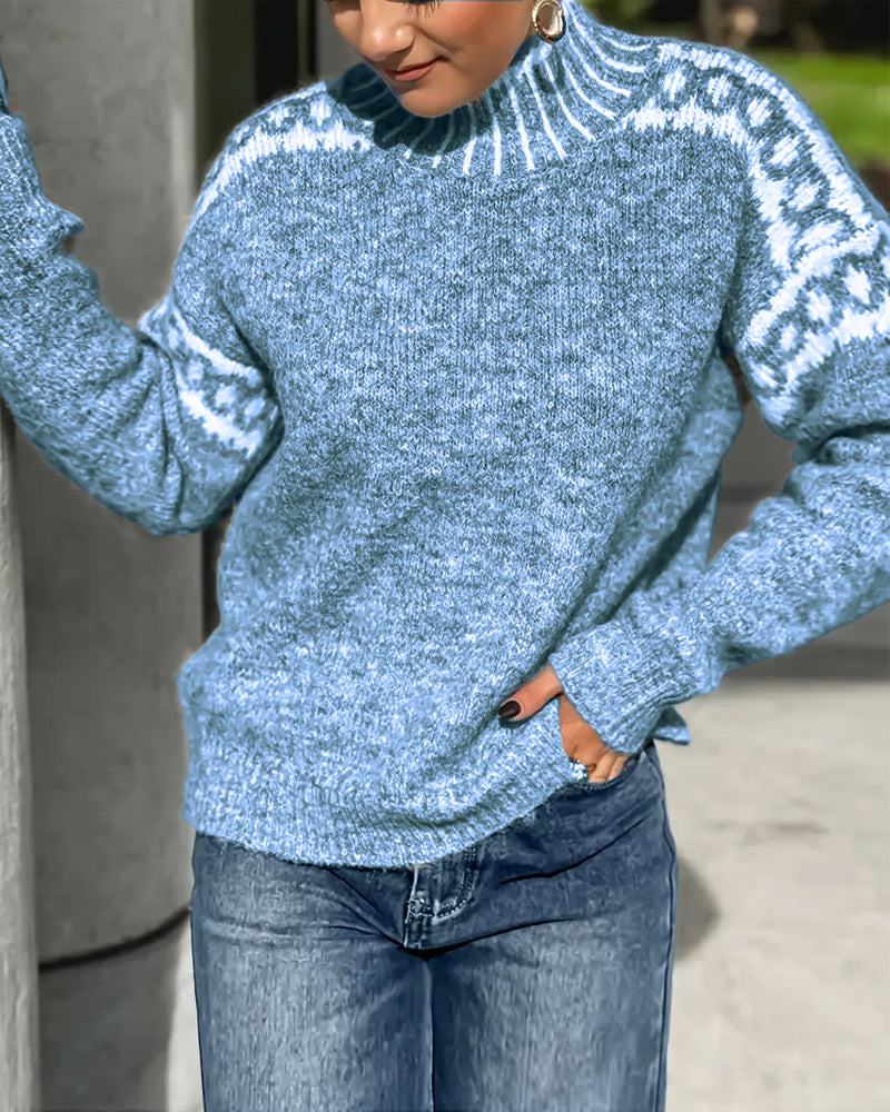 High Neck Patterned Contrast Sweater