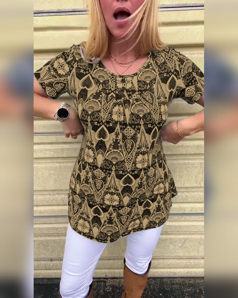 Casual Retro Crew Neck Printed T-Shirt