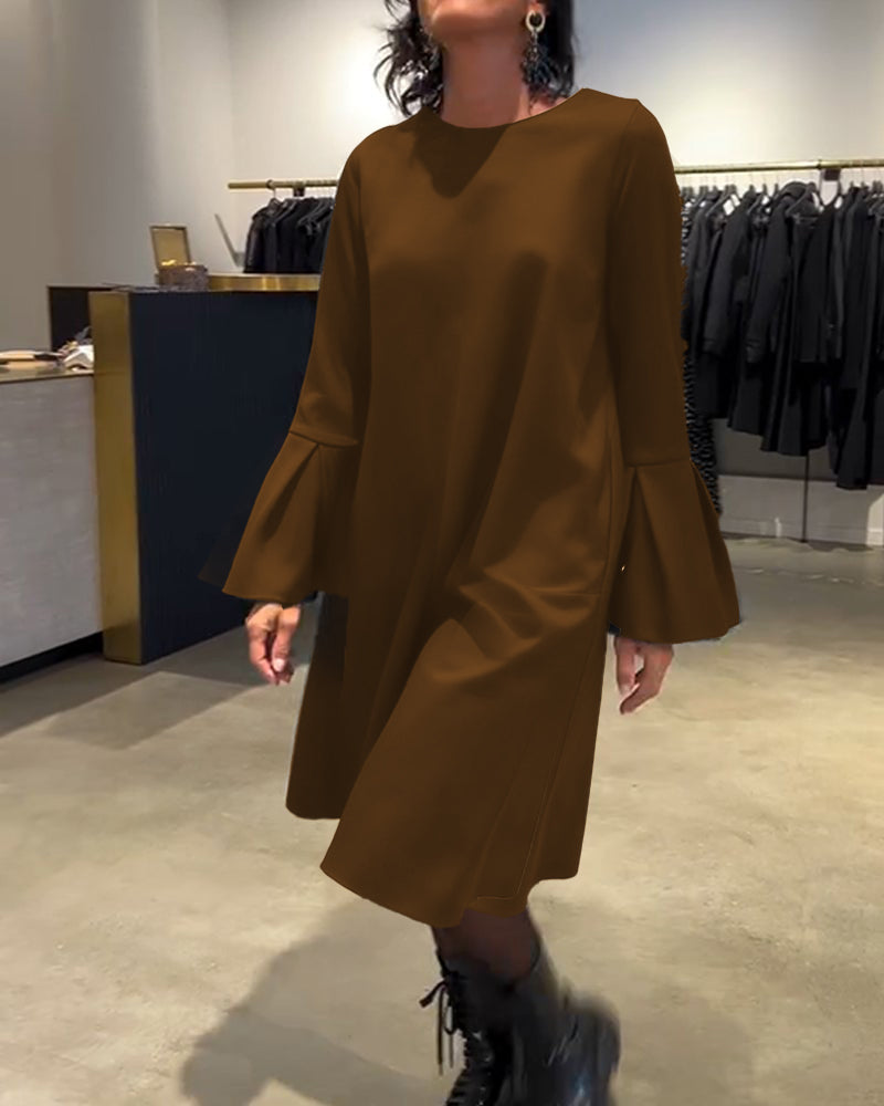 Solid Flare Sleeve Shirred Dress