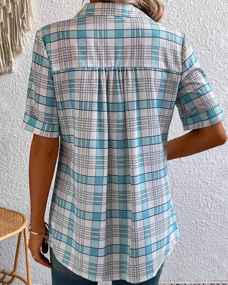 Plaid-print lapel collar blouse