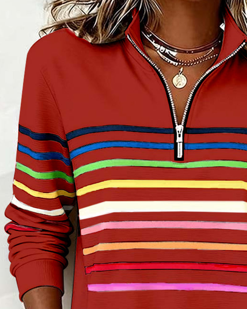 Half-Zip Collar Fashionable Rainbow Striped Sweatshirt