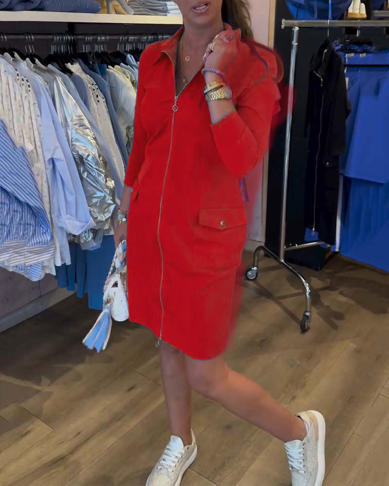 Lapel Solid Color Zipper Long Sleeve Dress