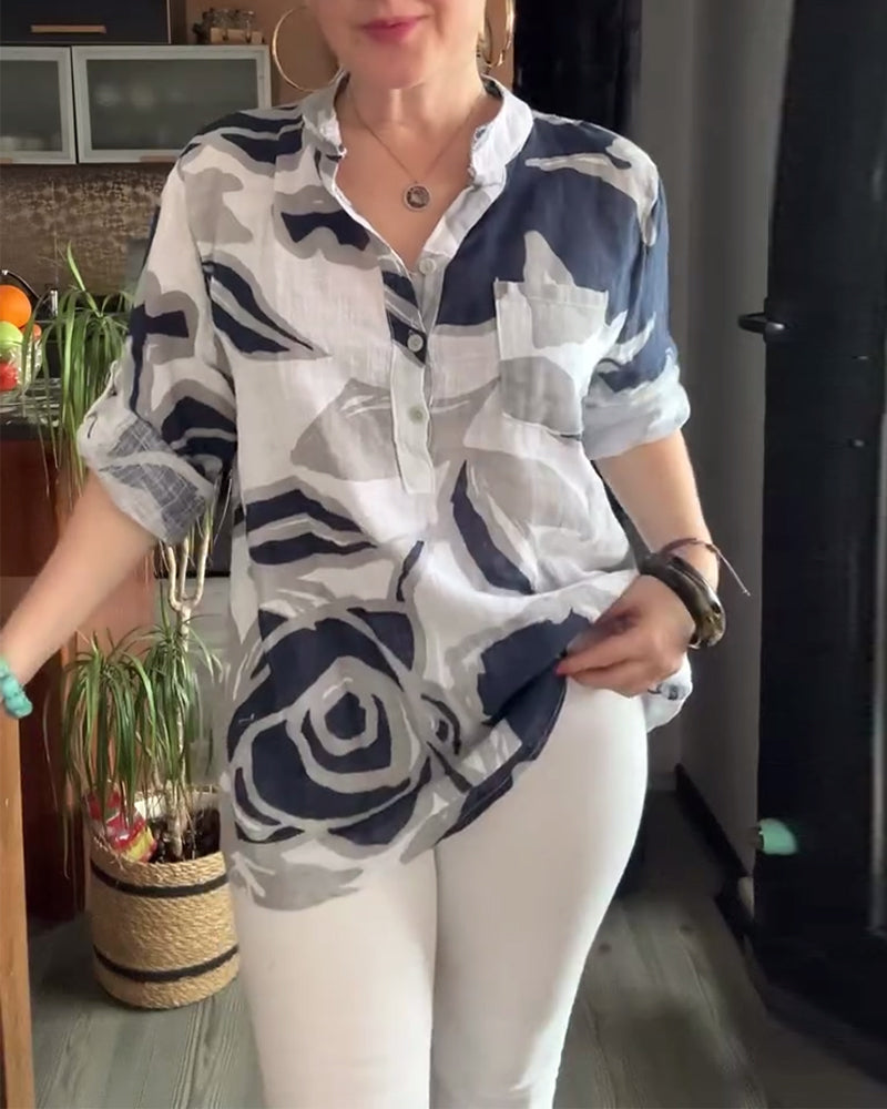 Casual Stand Collar Printed Blouse