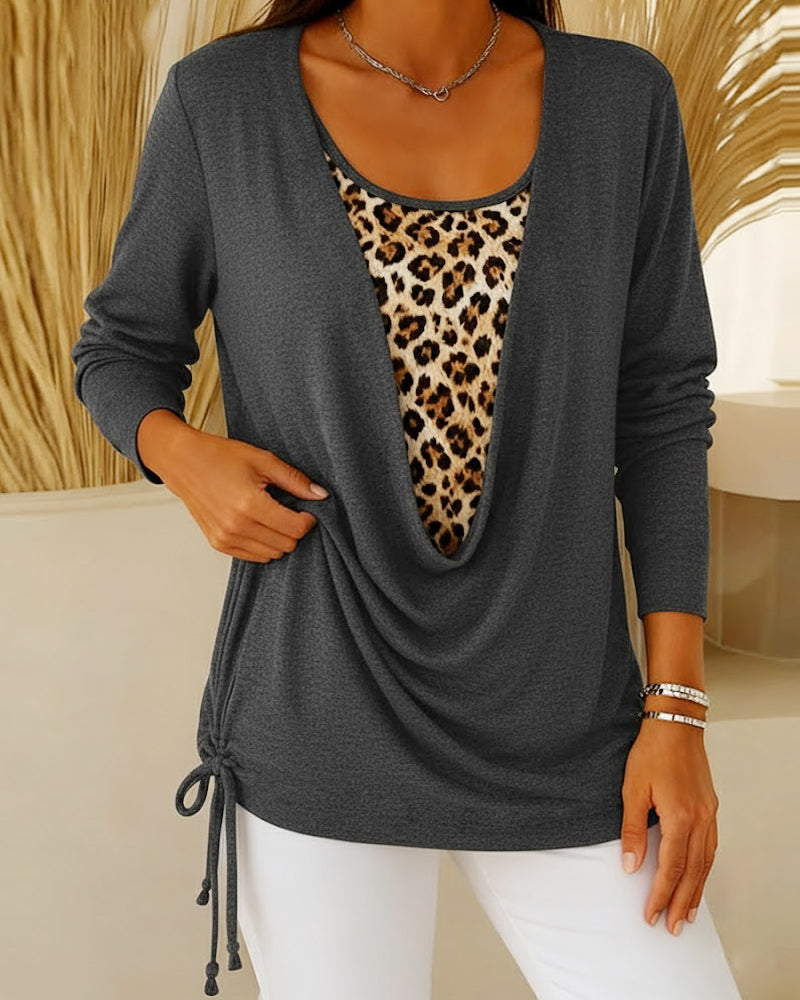 Fake Two-Piece Lace-Up Leopard Print T-Shirt