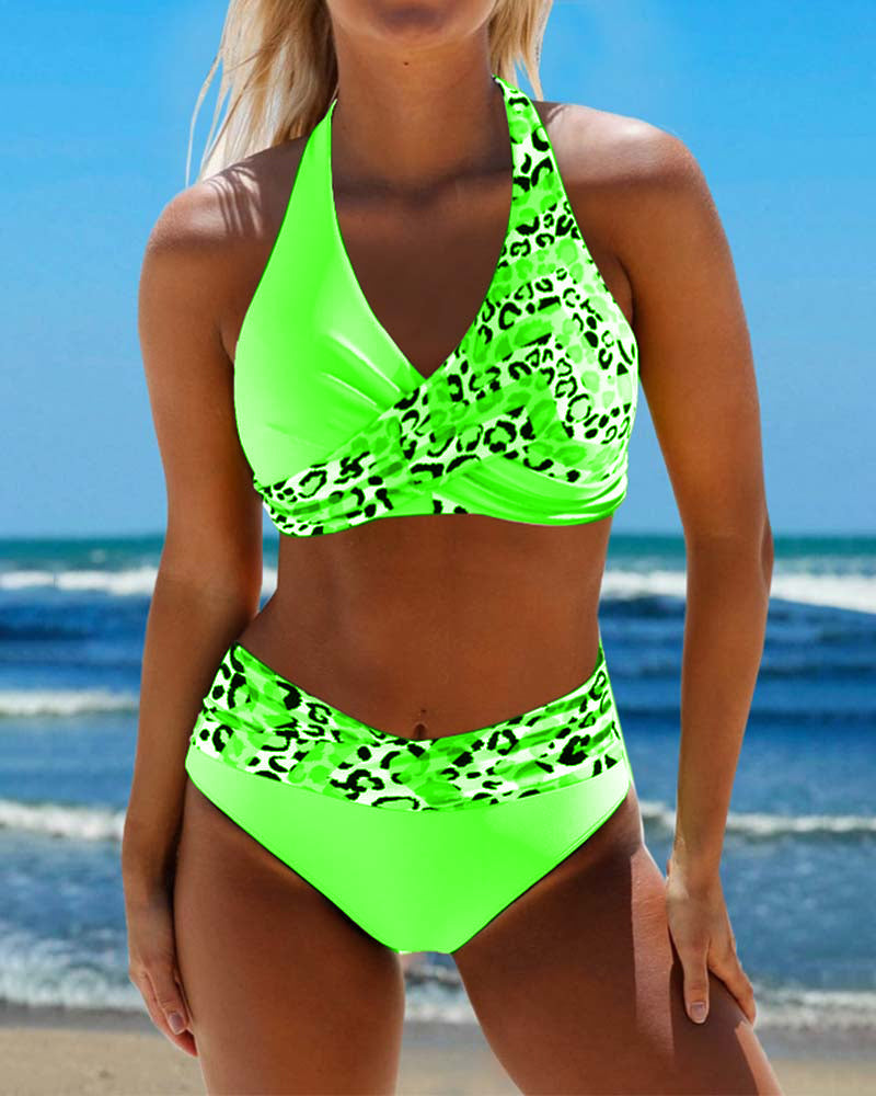 Halterneck leopard patchwork print bikini