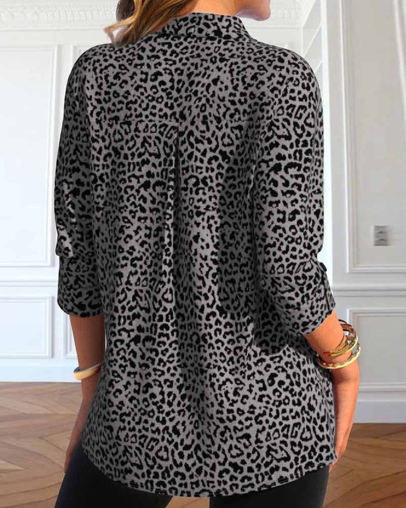 Leopard print lapel casual shirt