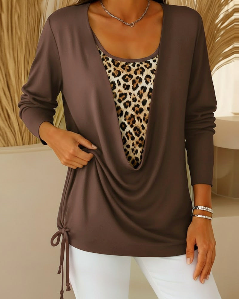Fake Two-Piece Lace-Up Leopard Print T-Shirt