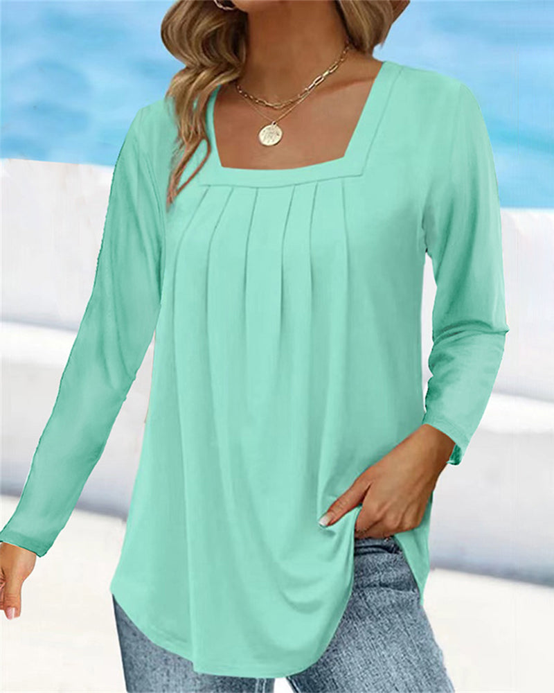 Square neck pleated long sleeve top
