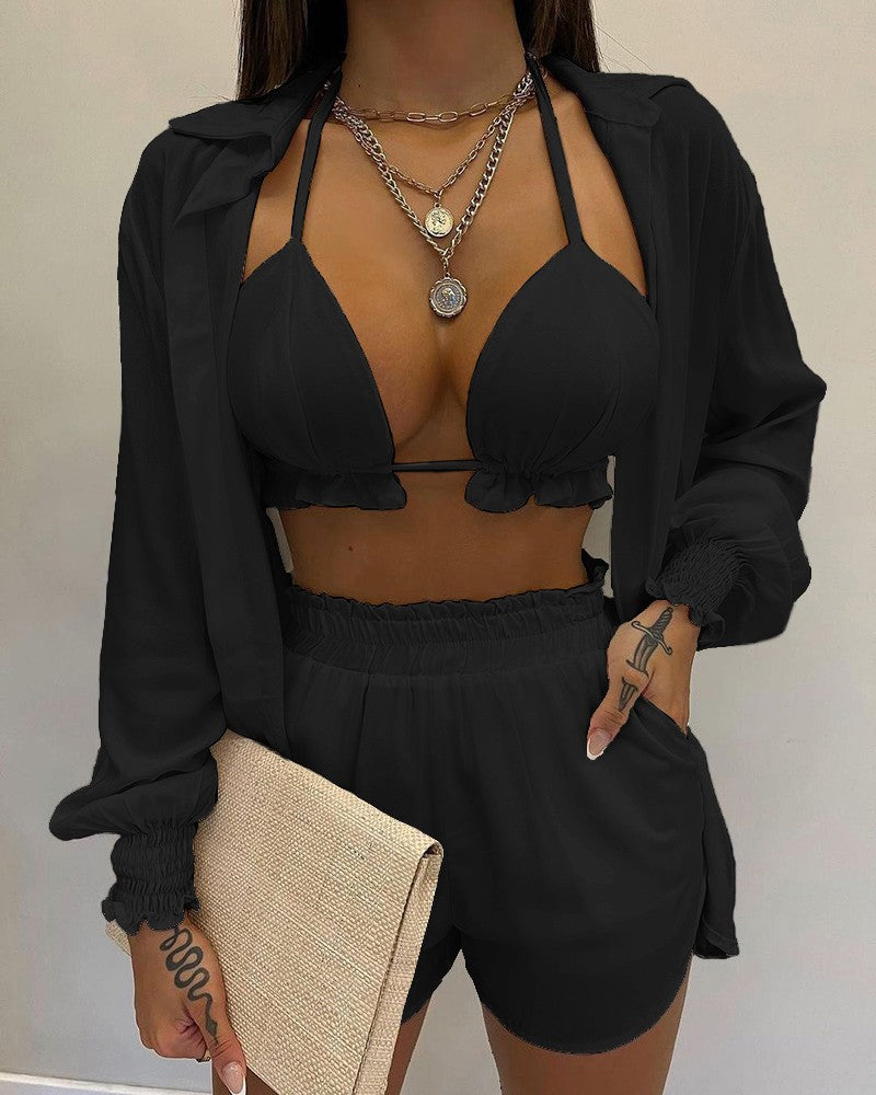 Balloon sleeve shirt bikini three piece set
