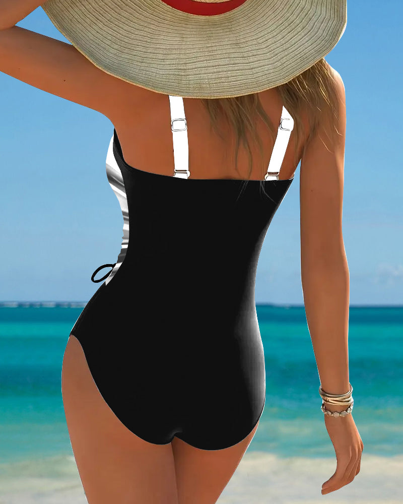 One-Piece Contrast Color Lace-Up Swimsuit