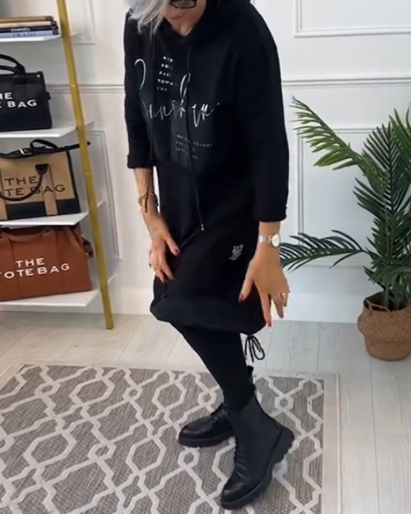 Casual color block letter print pocket hooded dress