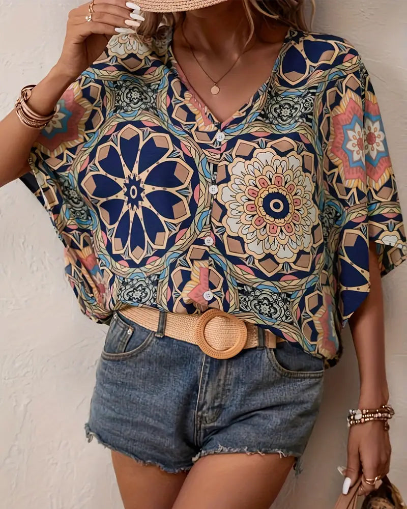 Retro printed V-neck button half sleeve blouse