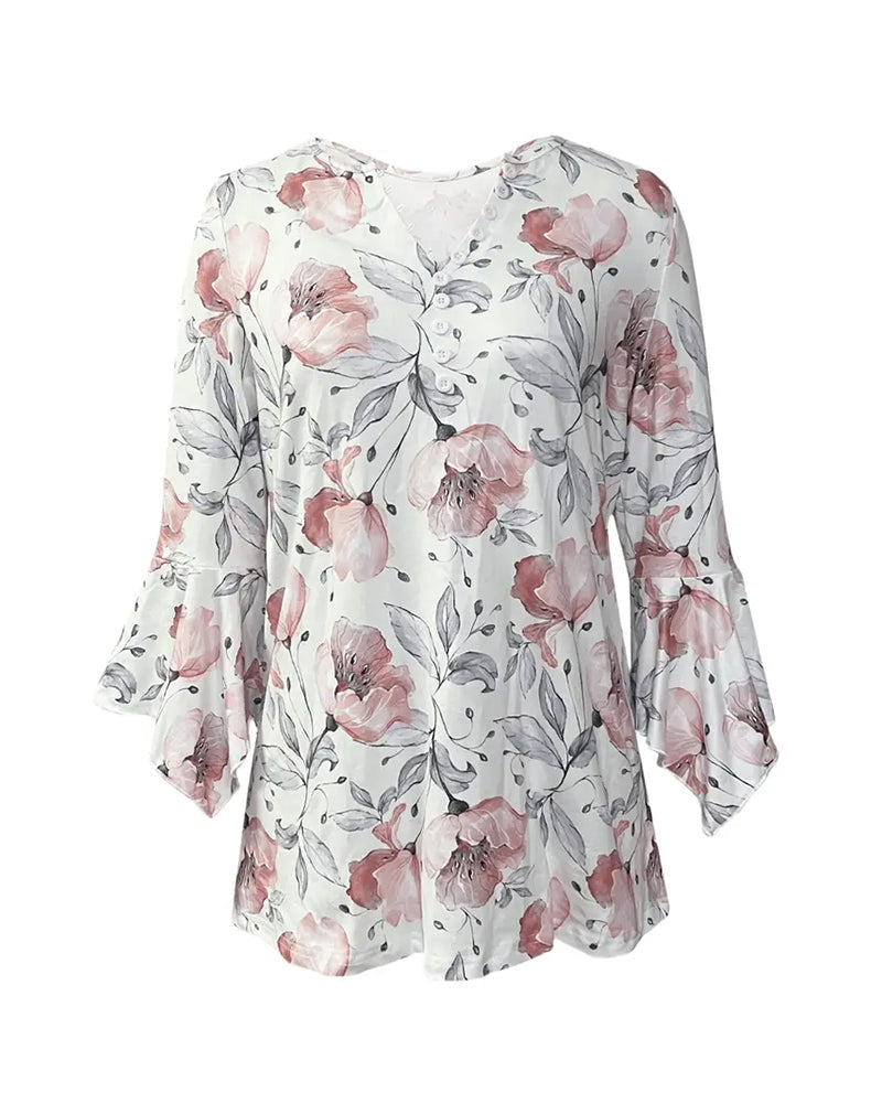 Flare Sleeve Printed Ruffle Blouse