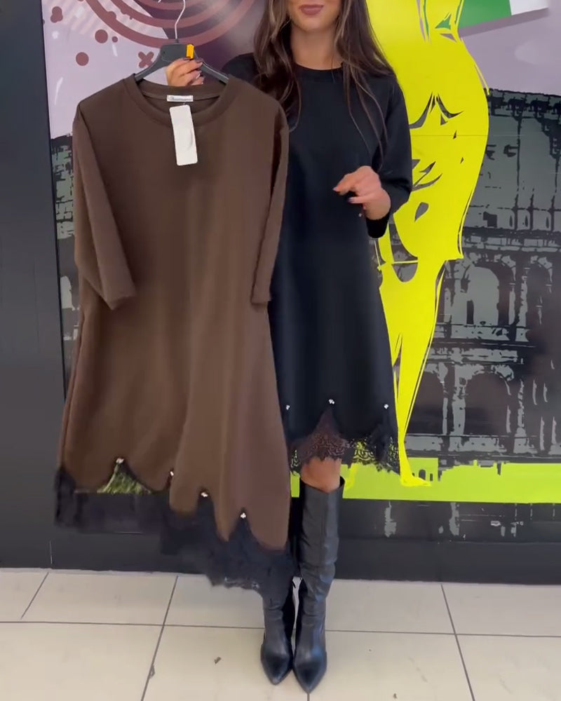 Elegant Lace Spliced Round Neck Dress