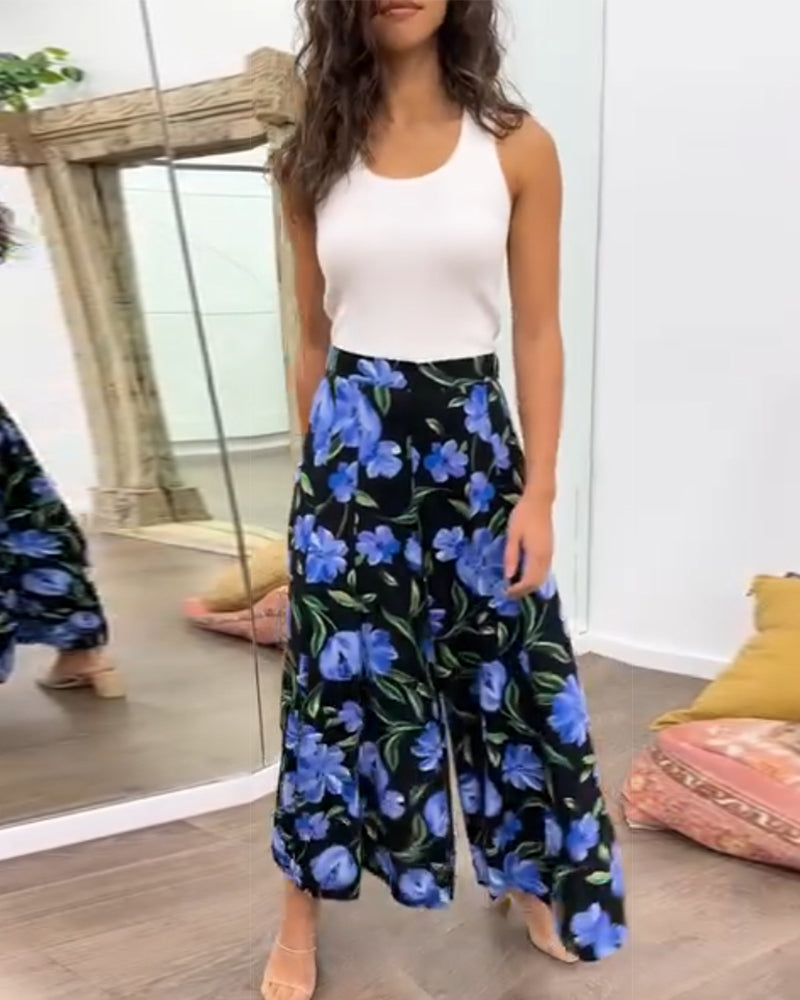 Floral print high waisted wide leg pants