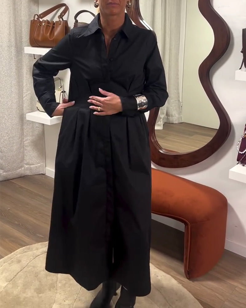 Pleated Collar Slimming Shirt Dress