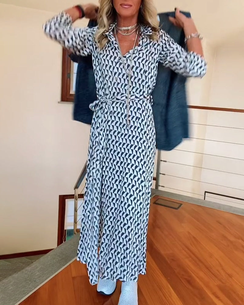 Geometric print lapel slit dress
