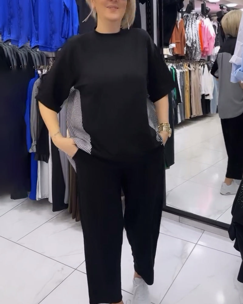 Pinstripe patchwork casual blouse