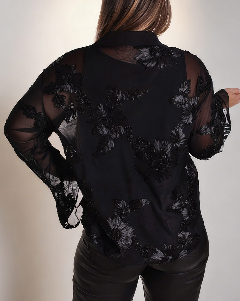 Long-Sleeved Bell-Sleeved Collared Blouse