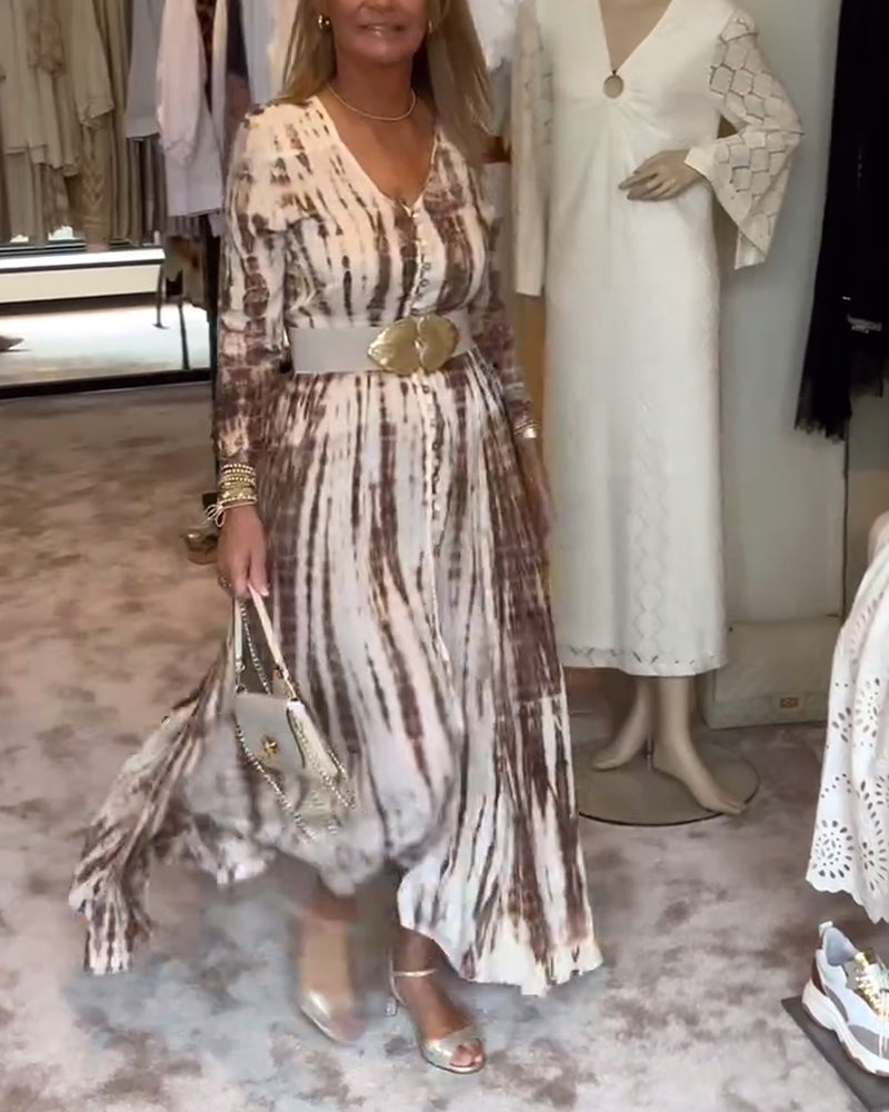 Printed long-sleeve V-neck slit waist dress