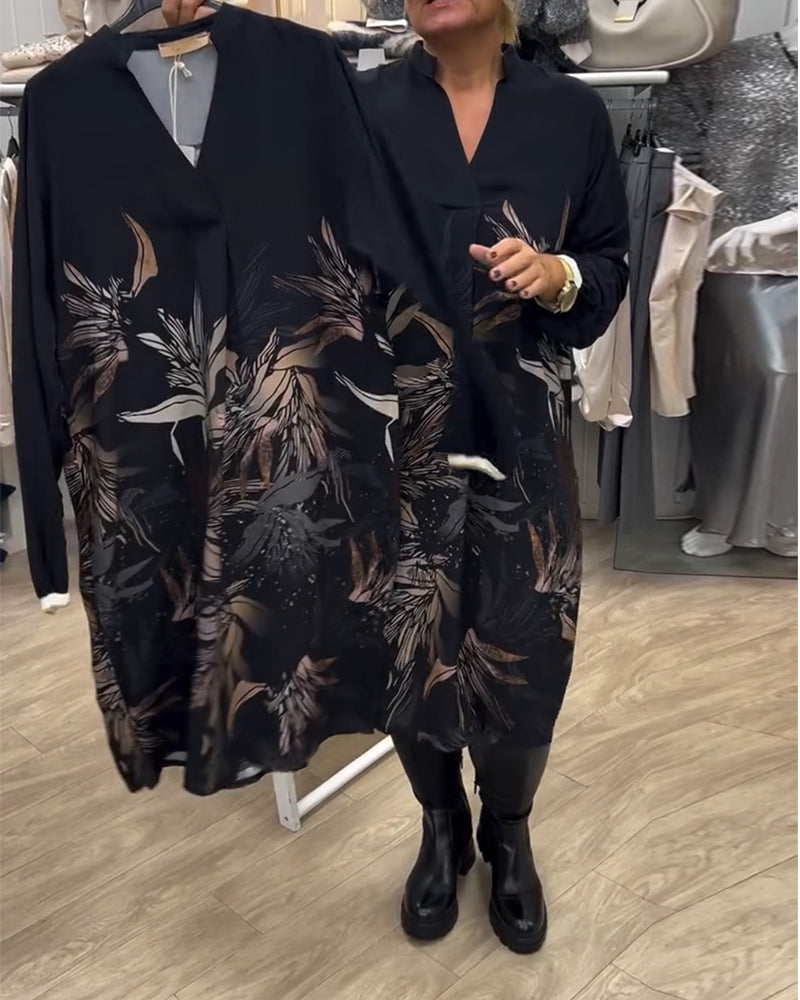 V-Neck Leaf Print Long-Sleeved Dress
