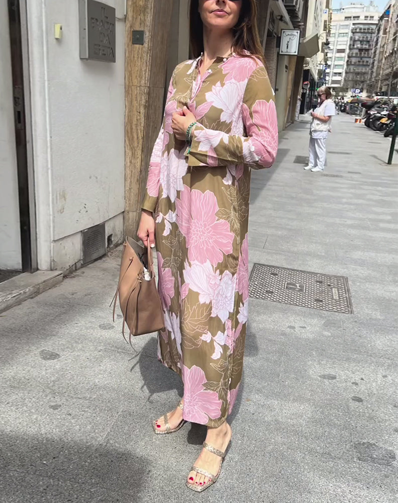 Casual floral print long sleeve slit maxi dress