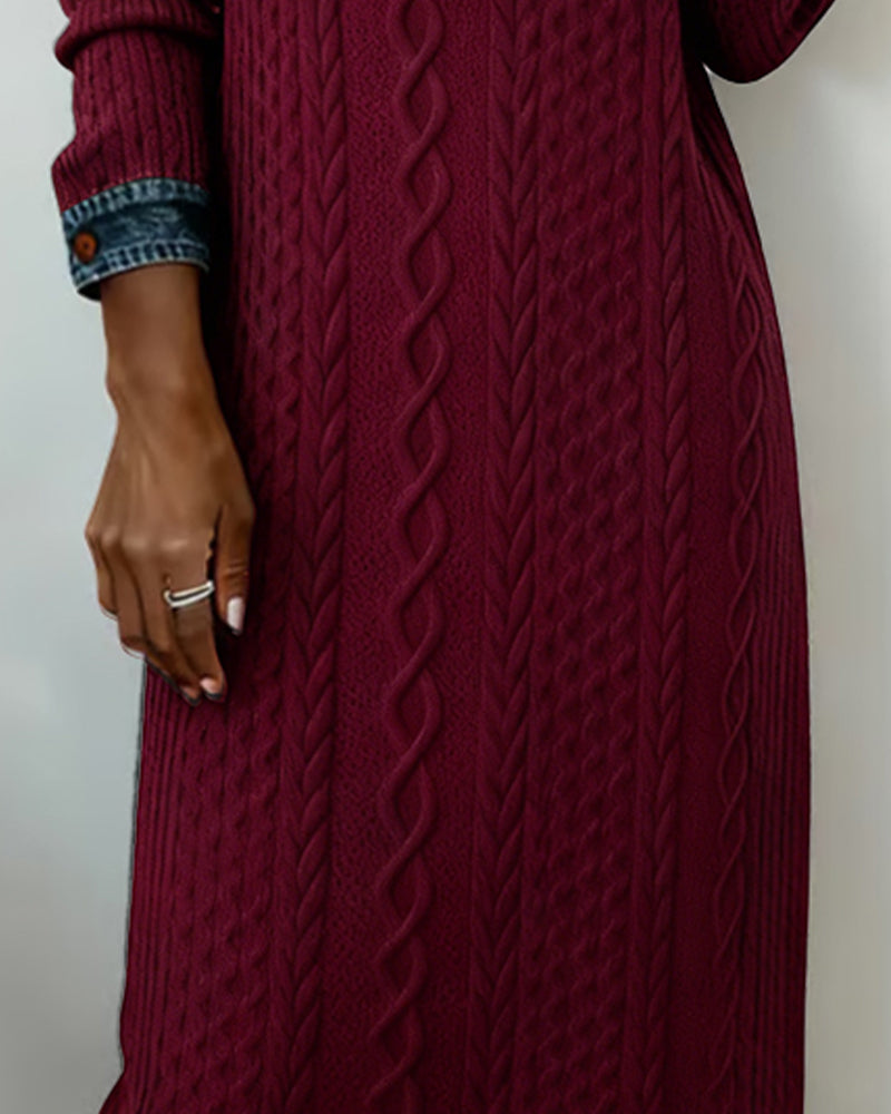 Denim cable knit patchwork collared dress