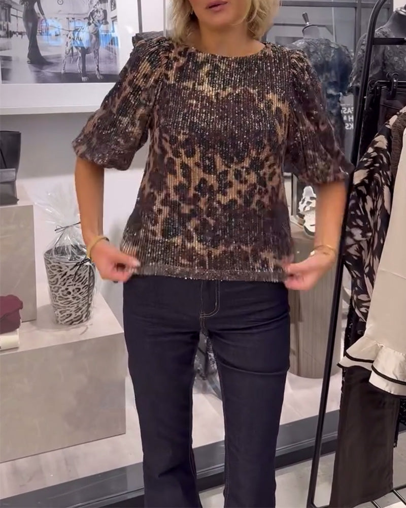 Lantern-Sleeve Sequined Leopard-Print Blouse