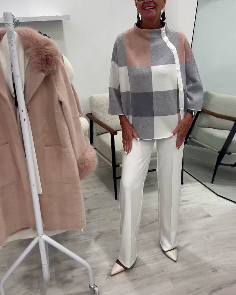 Plaid Long-Sleeved Turtleneck Jumper