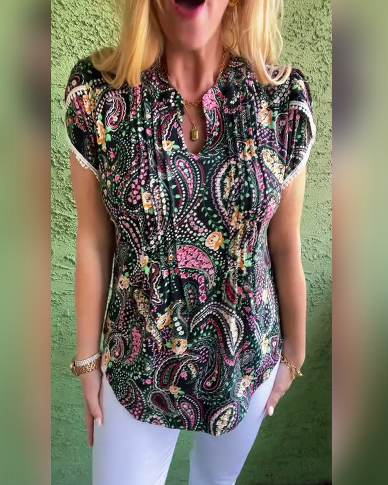 Petal Sleeve Pleated Print Blouse