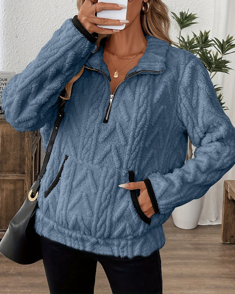 Lapel Zipper Front Fuzzy Sweatshirt